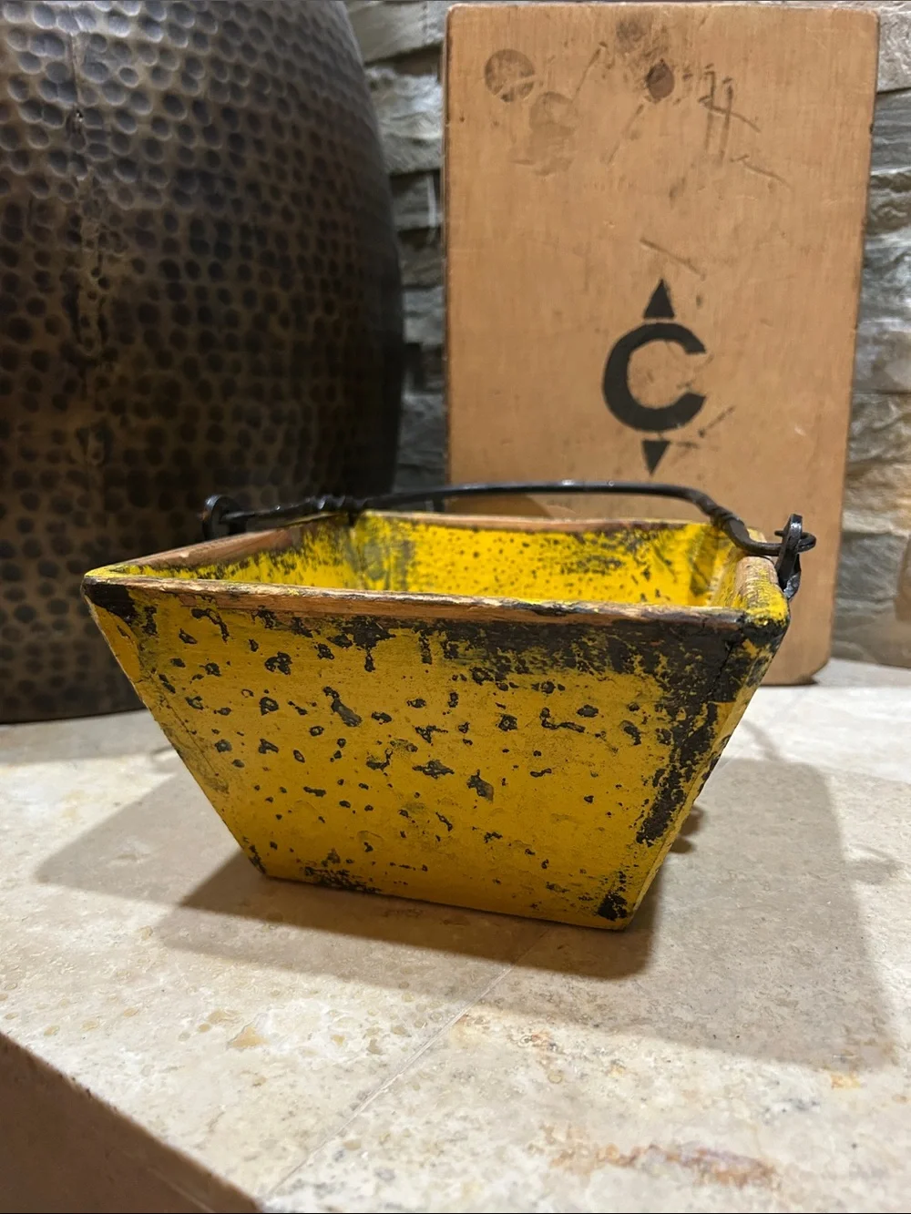 antique Chinese yellow lacquer rice measure bucket